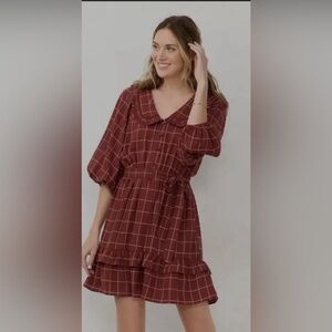 NWT Prairie Cottagecore Modest Plaid Button Collar Knee Length Dress